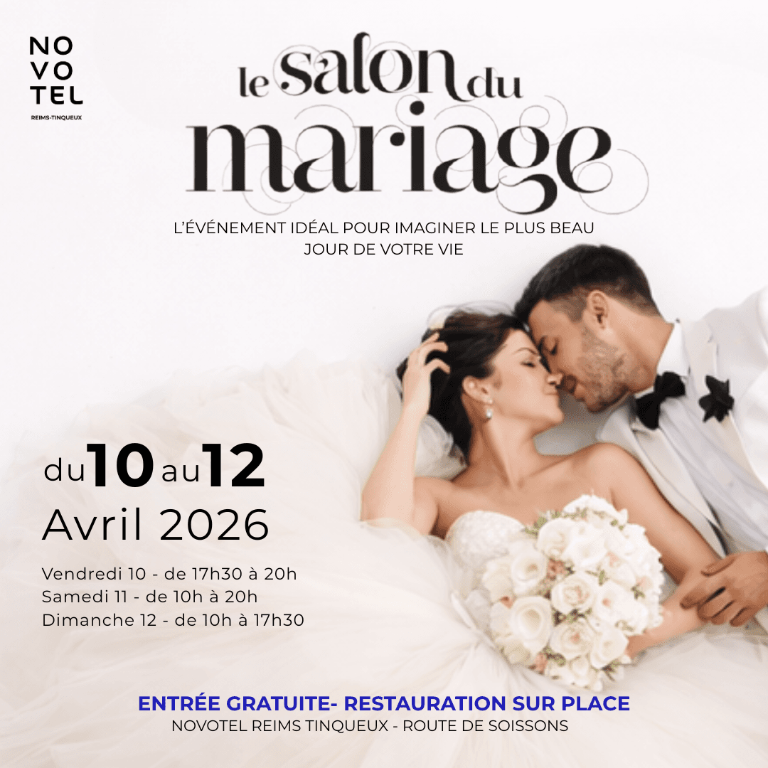 Image de couverture pour l'actualité :Ma participation au Salon du Mariage, le 10, 11 et 12 avril 2026 au NOVOTEL Reims Tinqueux