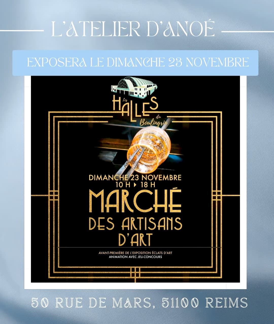 Image de couverture pour l'actualité :Ma participation au Marché des Artisans d'Art aux Halles du BOULINGRIN, le 23 novembre 2025