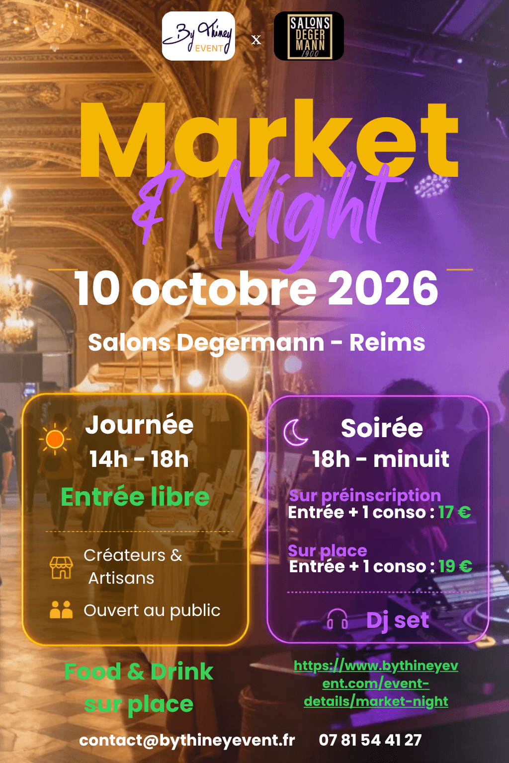 Image de couverture pour l'actualité :Ma participation au Salon MARKET AND NIGHT aux salons Degermann, le 10 octobre 2026 à Reims