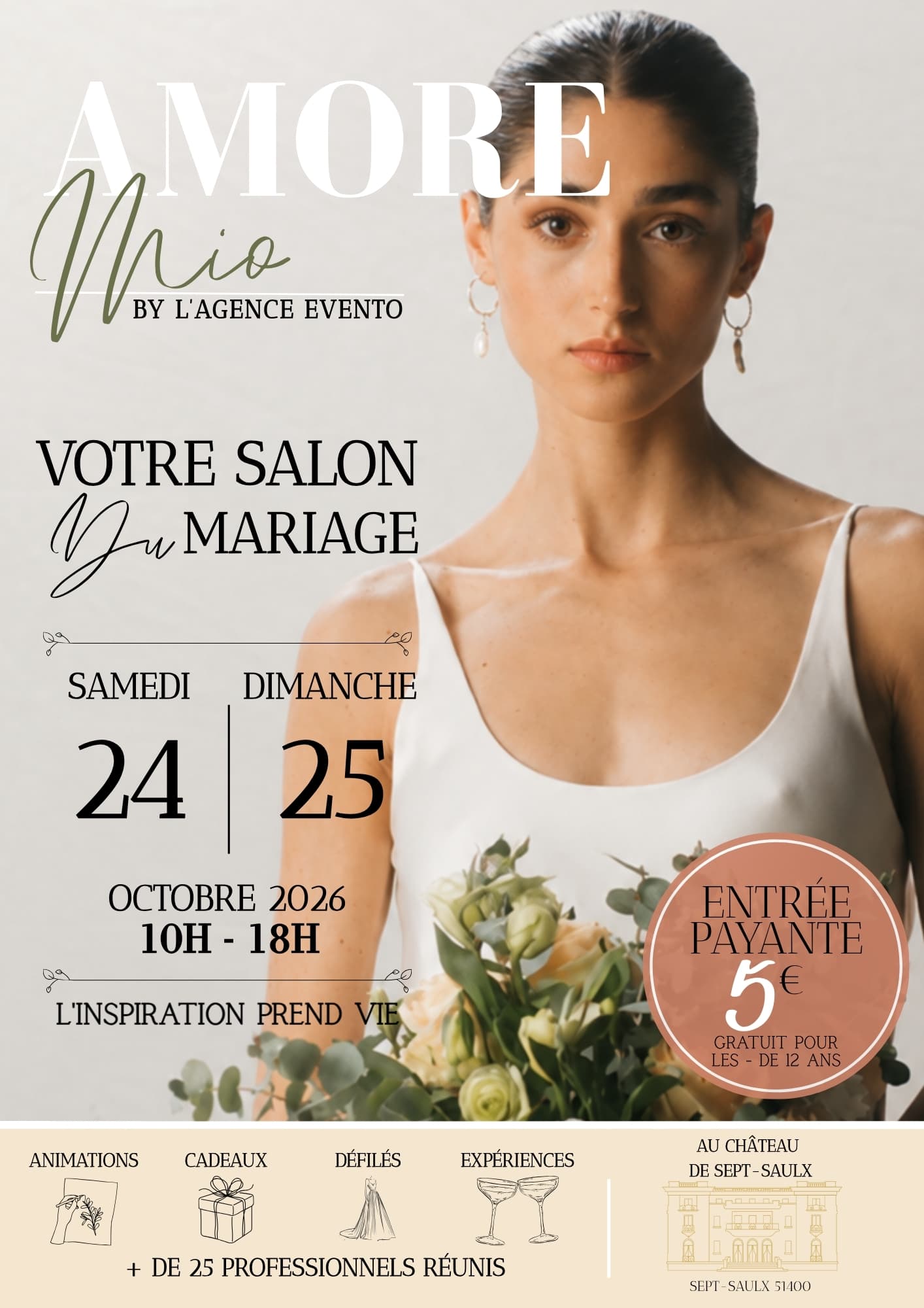 Image de couverture pour l'actualité :Ma participation au Salon du mariage AMORE MIO, le 24 et 25 octobre 2026 au château de Sept -Saulx 