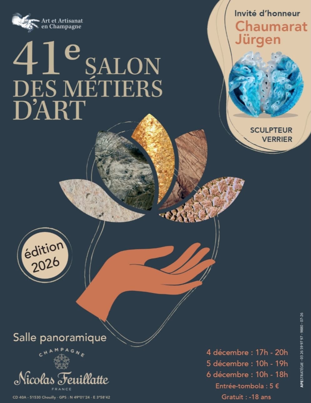 Image de couverture pour l'actualité :Ma participation au 41ème SALON D'AUTOMNE DES METIERS D'ART, le 4, 5 et 6 décembre 2026 dans la salle panoramique de la maison de champagne NICOLAS FEUILLATTE à CHOUILLY
